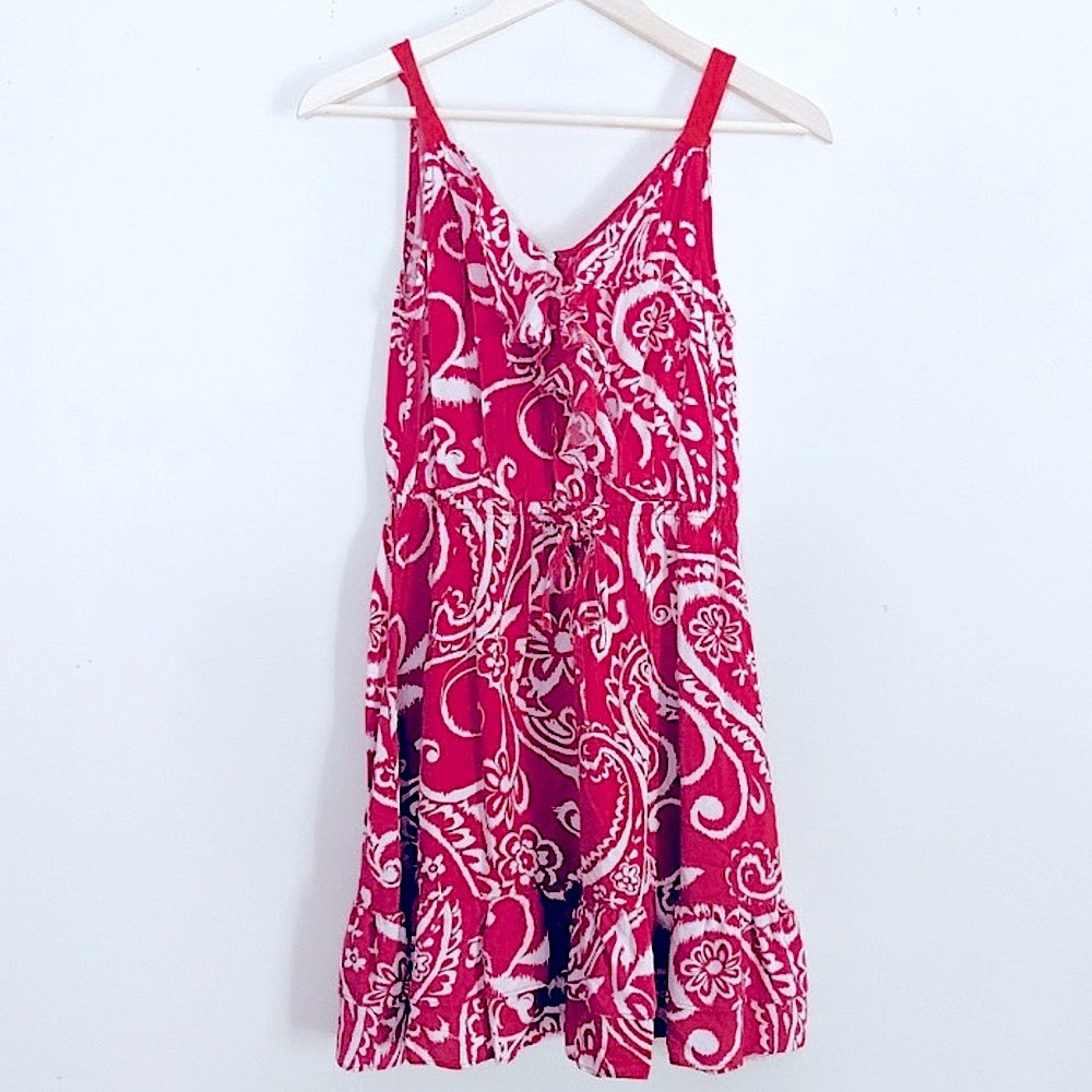 Dress ELLE Tunic Top Coverup Midi Mini Floral Red White Ruffle Rayon Size Medium